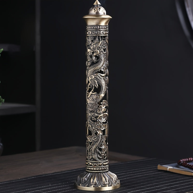 Retro vertical dragon pillar incense burner with antique metal finish displayed on tabletop