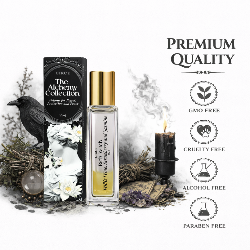 Perfume bottle with packaging labeled 'Alchemy Collection' and 'Circe', surrounded by witchy decorative elements on a white background. -Clover's Charm