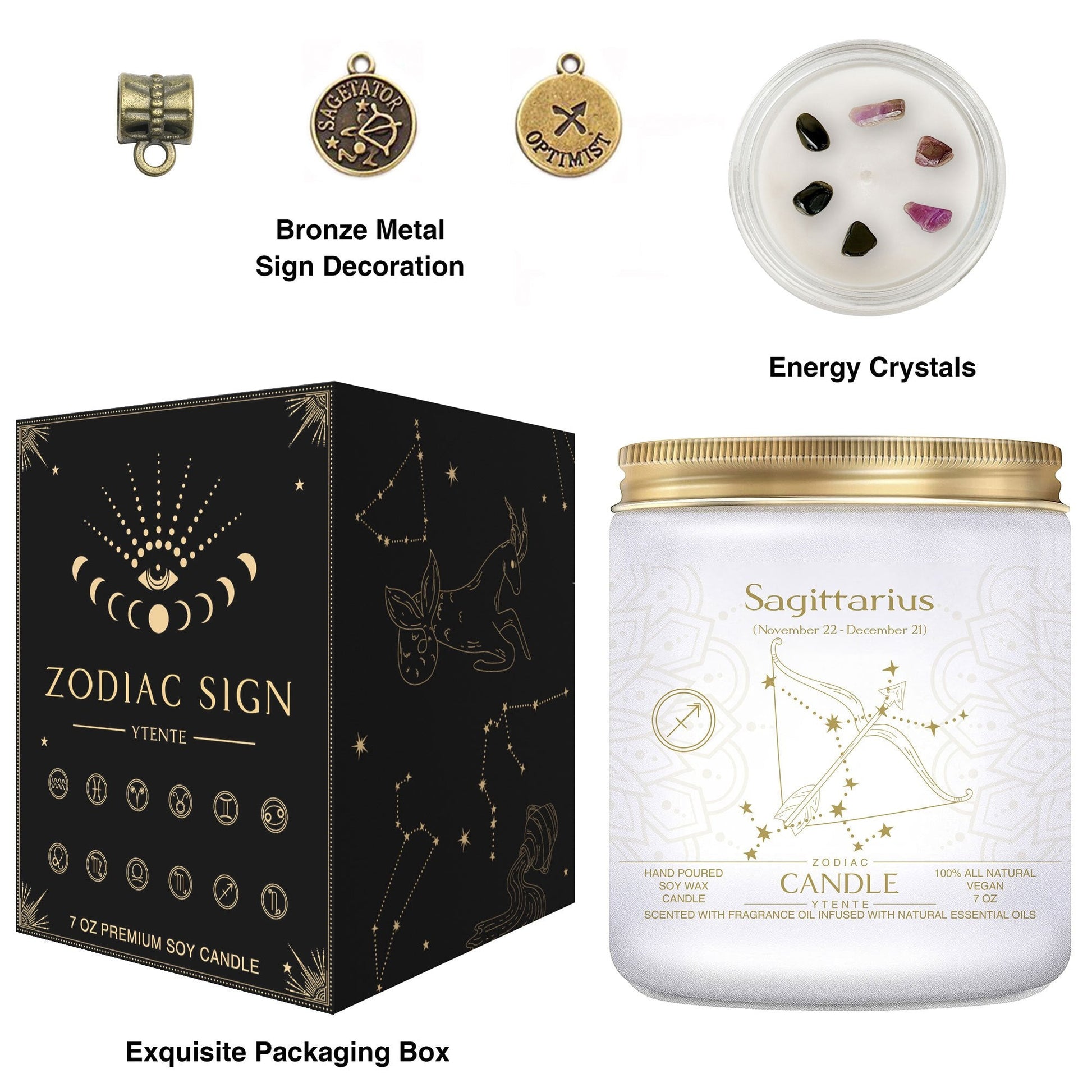 Seven ounce Sagittarius zodiac candle in glass jar with gold lid and illustrated astrology label shown beside matching decorative gift box