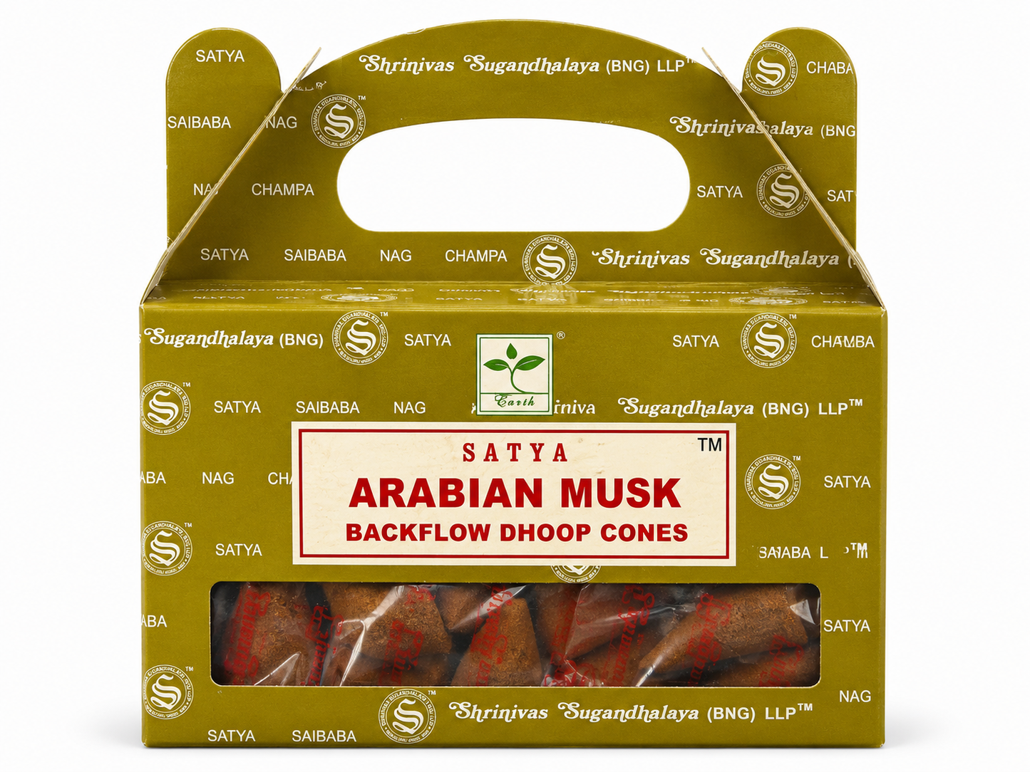 Satya Arabian Musk backflow dhoop cones packaging on a white background -Clover's Charm.
