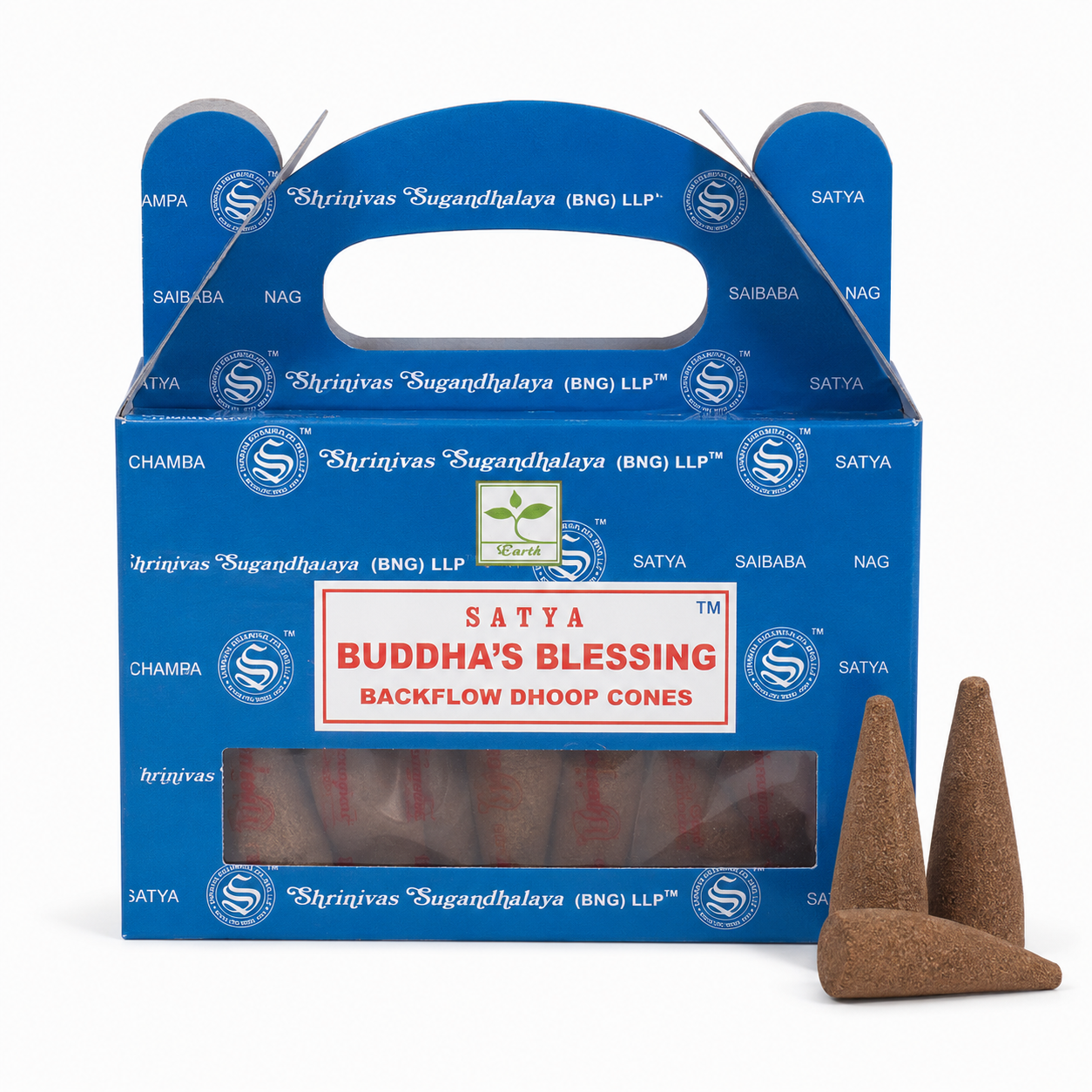 Satya Buddah's Blessing backflow dhoop cones packaging with three cones on a white background -Clover's Charm.