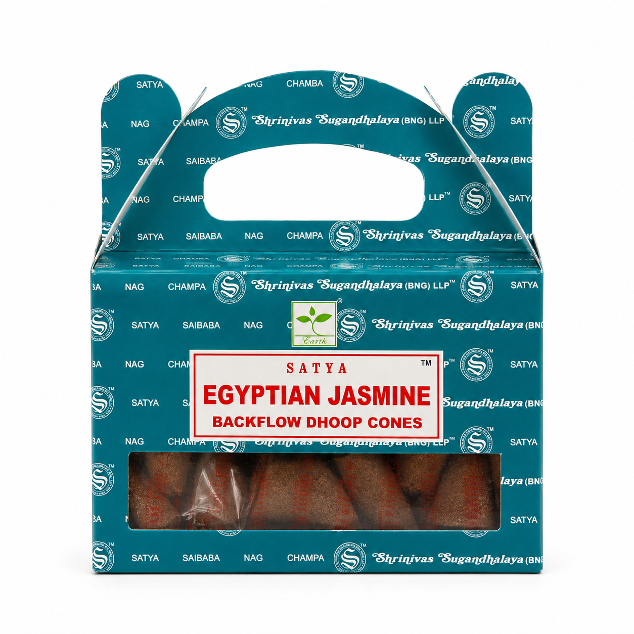 Satya Egyptian Jasmine backflow dhoop cones packaging on a white background -Clover's Charm.