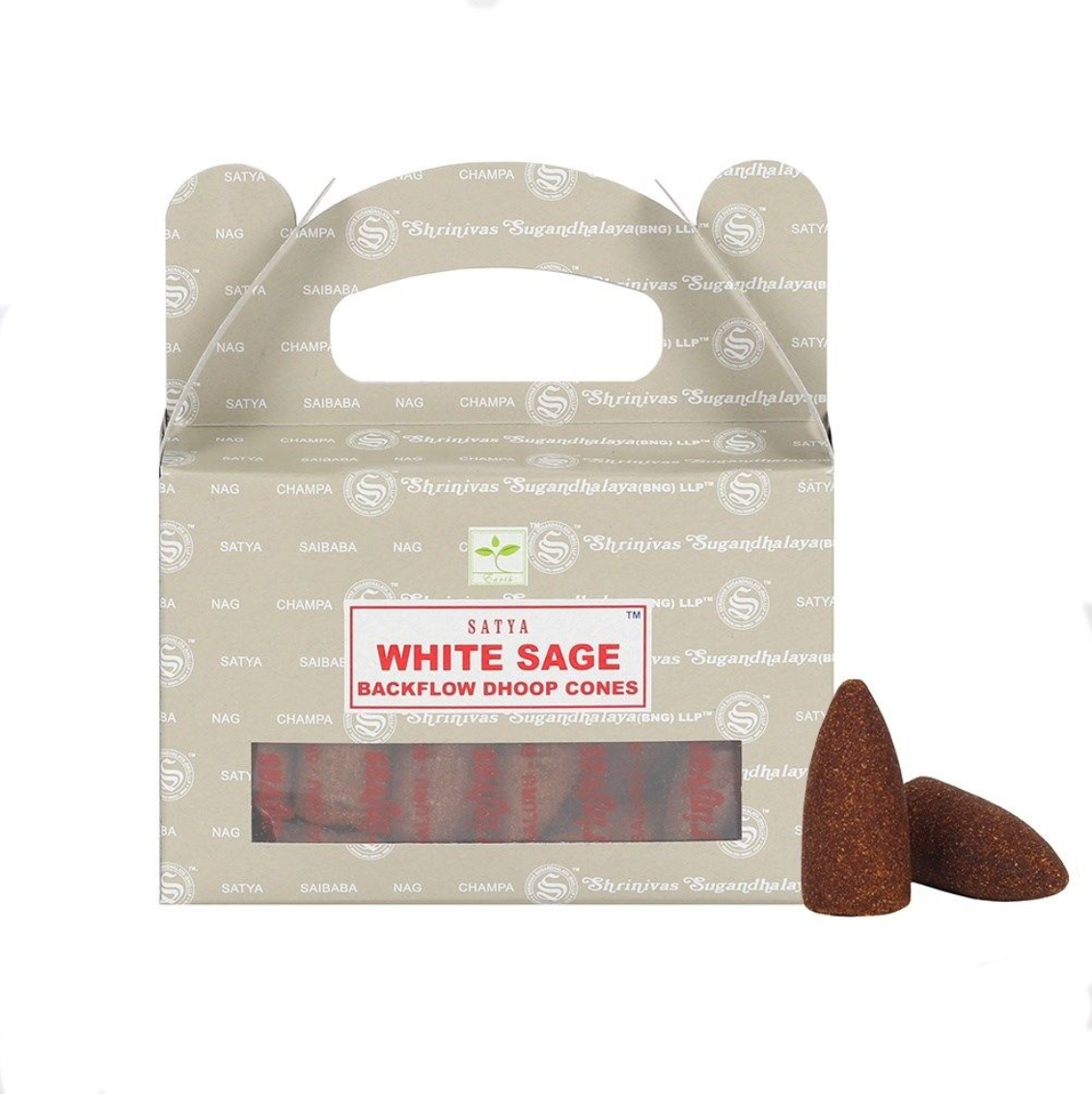 Satya White Sage backflow dhoop cones packaging with two cones on a white background -Clover's Charm.