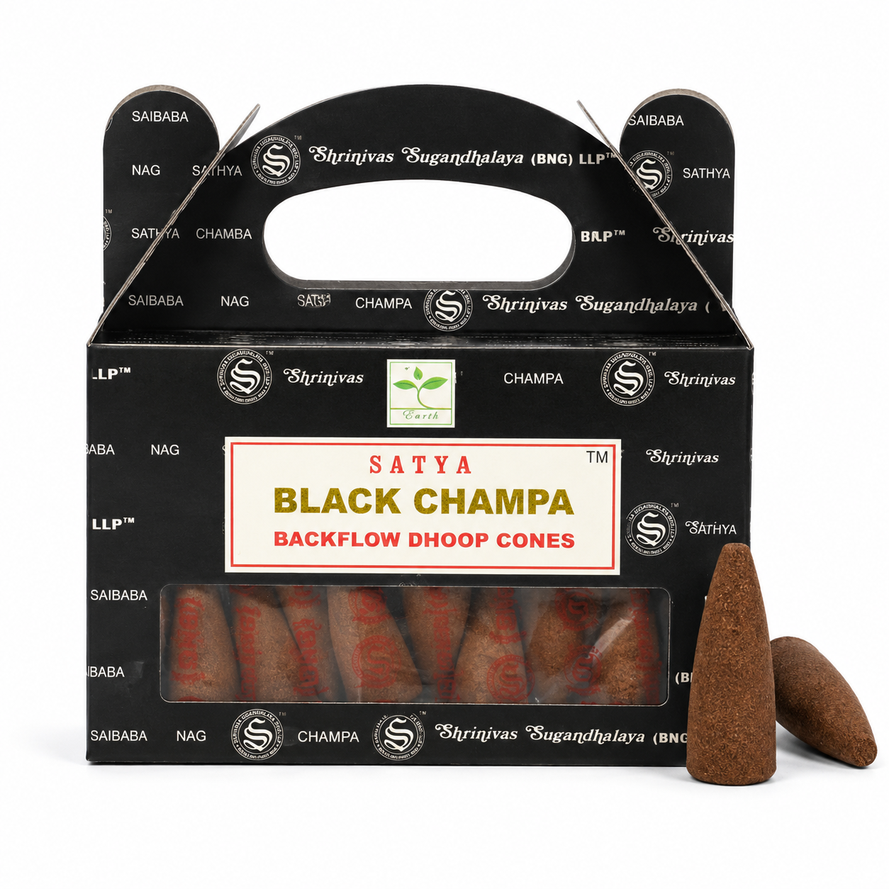 Satya Black Champa backflow dhoop cones packaging with two cones on a white background -Clover's Charm.
