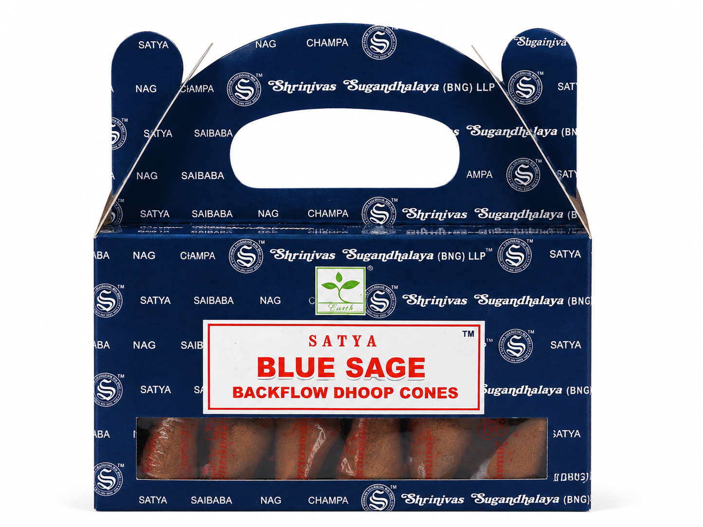 Satya Blue Sage backflow dhoop cones packaging on a white background -Clover's Charm.