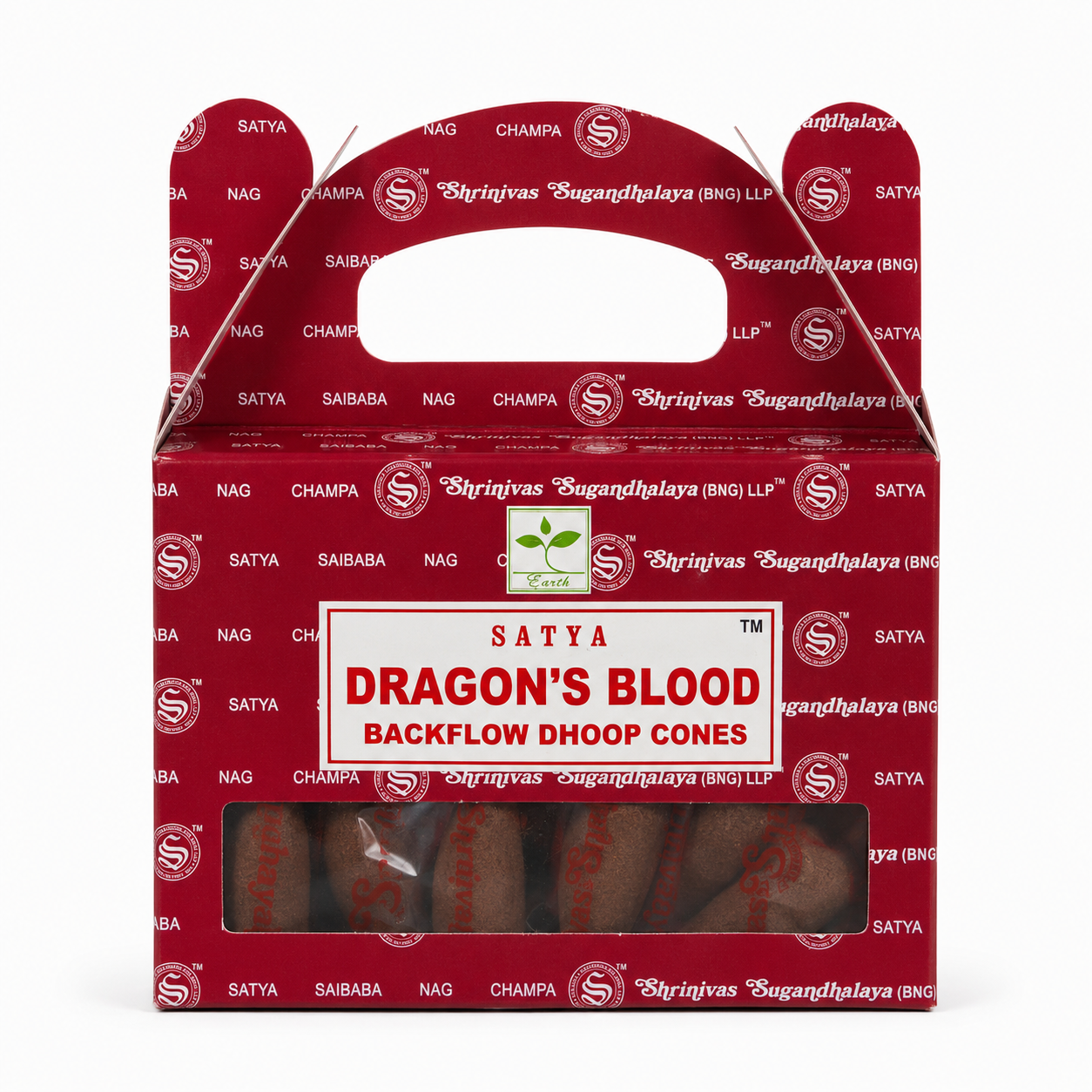 Satya Dragon's Blood backflow dhoop cones packaging on a white background -Clover's Charm.