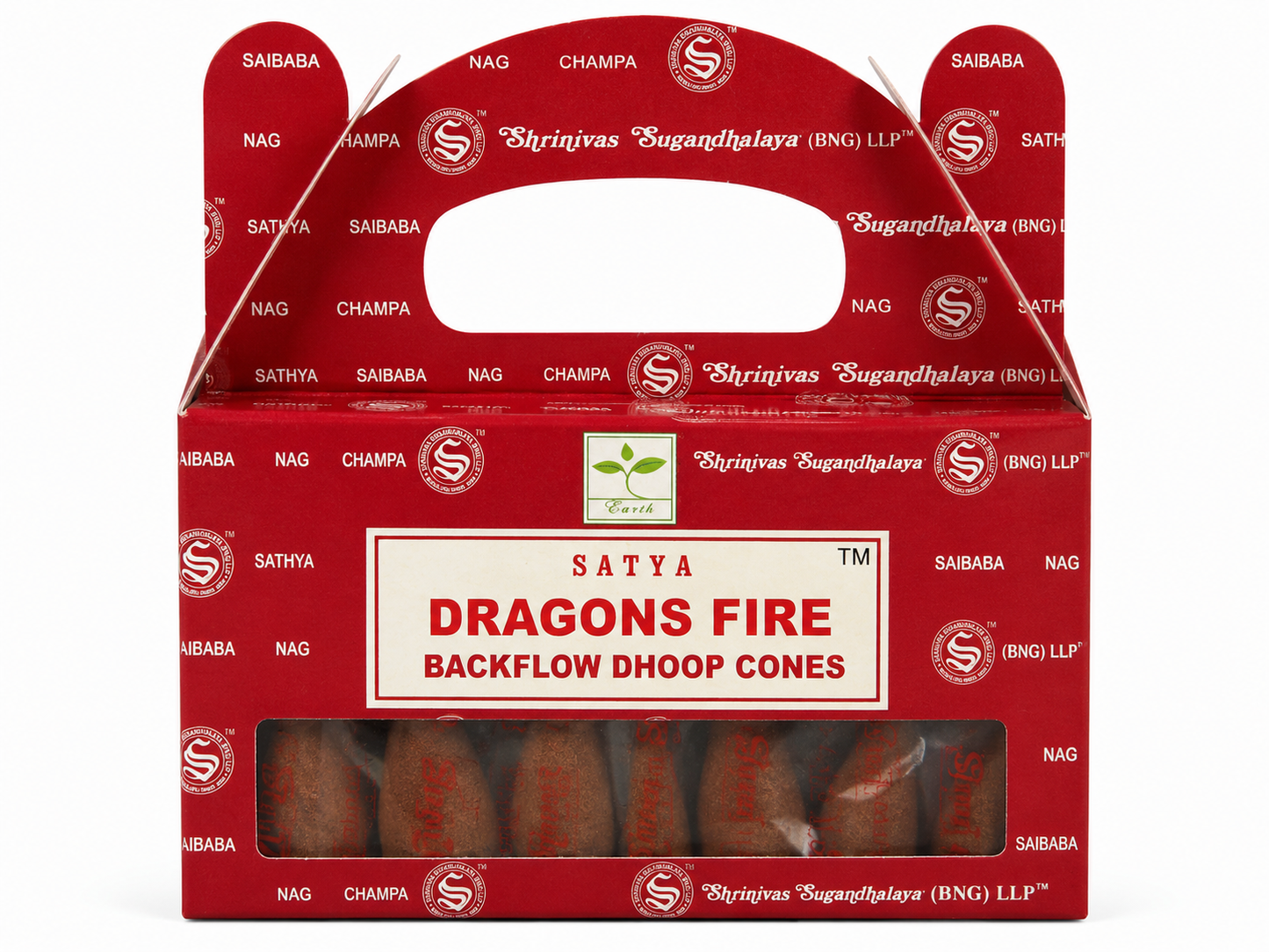 Satya Dragons Fire backflow dhoop cones packaging on a white background -Clover's Charm.