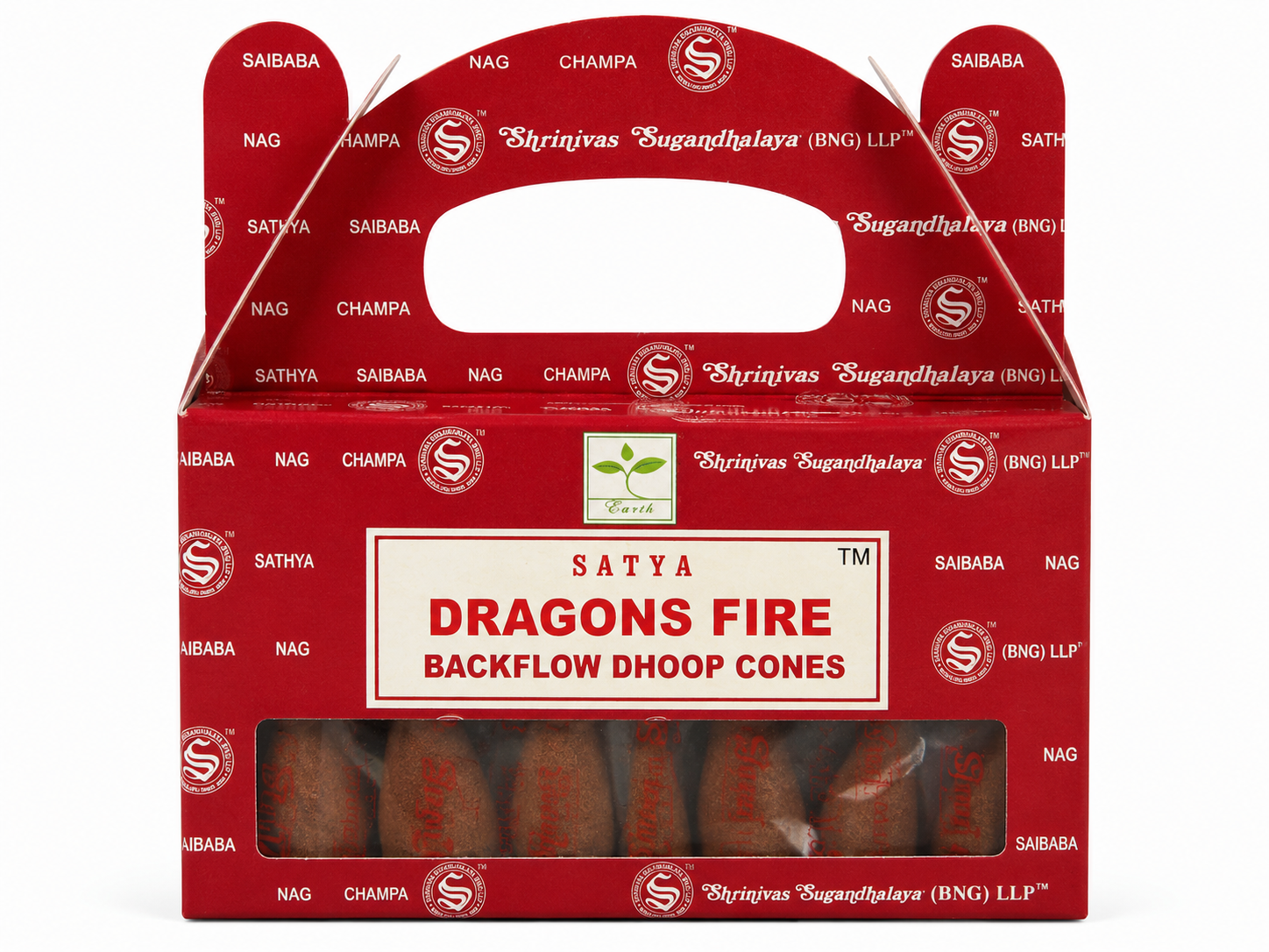Satya Dragons Fire backflow dhoop cones packaging on a white background -Clover's Charm.