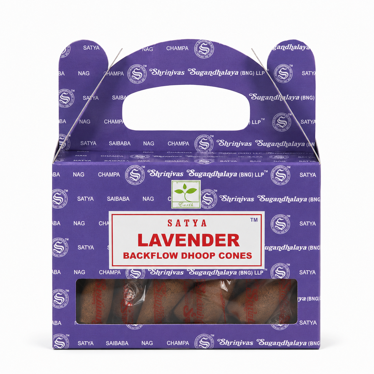 Satya Lavender backflow dhoop cones packaging on a white background -Clover's Charm.
