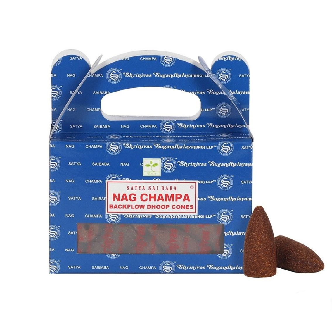Satya Nag Champa backflow dhoop cones packaging with two cones on a white background -Clover's Charm.