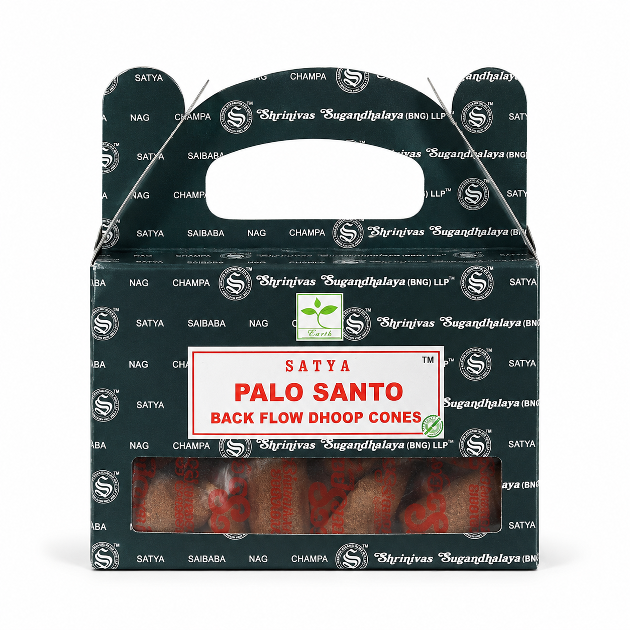Satya Palo Santo backflow dhoop cones packaging on a white background -Clover's Charm.