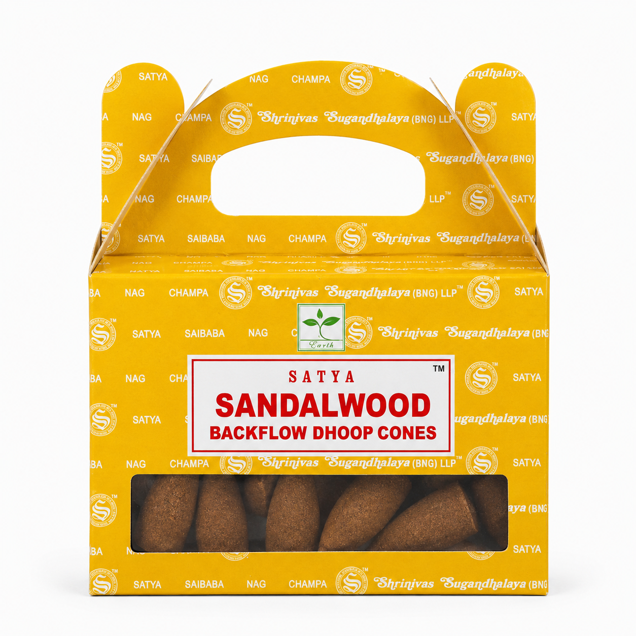Satya Sandalwood backflow dhoop cones packaging on a white background -Clover's Charm.