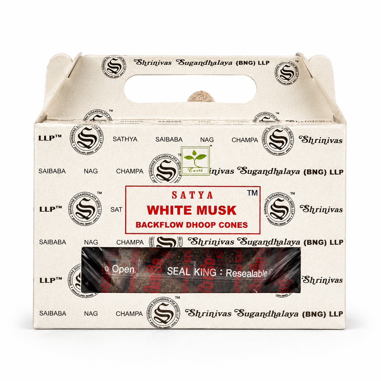 Satya White Musk backflow dhoop cones packaging on a white background -Clover's Charm.