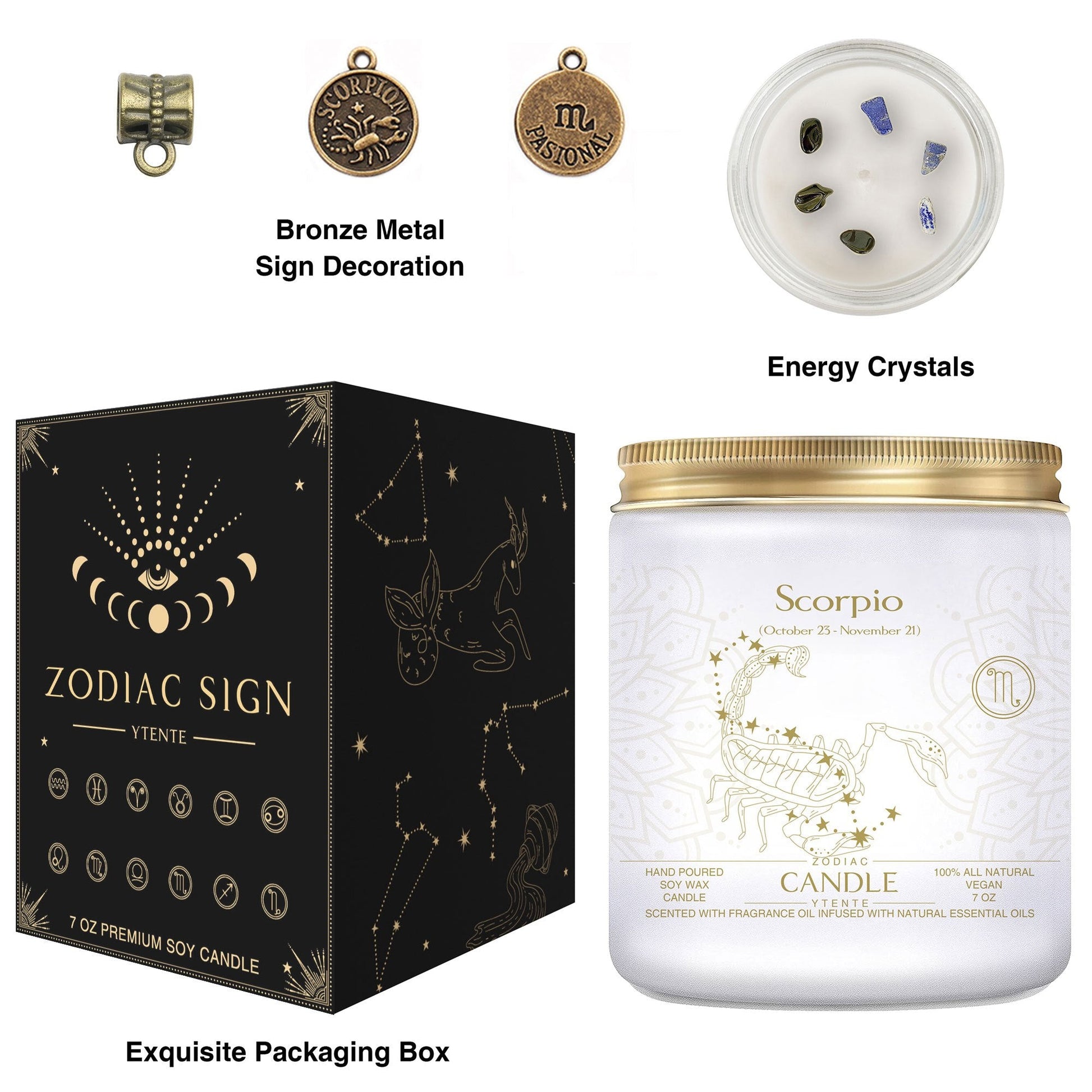 Seven ounce Scorpio zodiac candle in glass jar with gold lid and illustrated astrology label shown beside matching decorative gift box