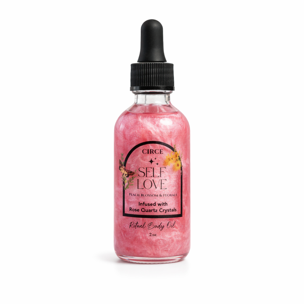 Pink bottle of Circe Self Love body oil with dropper on a white background. -Clover's Charm