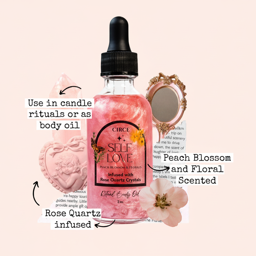 Bottle of Self Love Ritual Body Oil for confidence and heart healing, with a natural, soothing appearance. -Clover's Charm