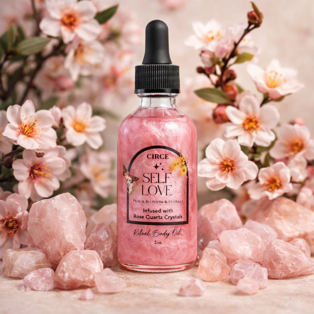 Pink bottle labeled 'Self Love' with flowers and crystals in the background. Clover's Charm