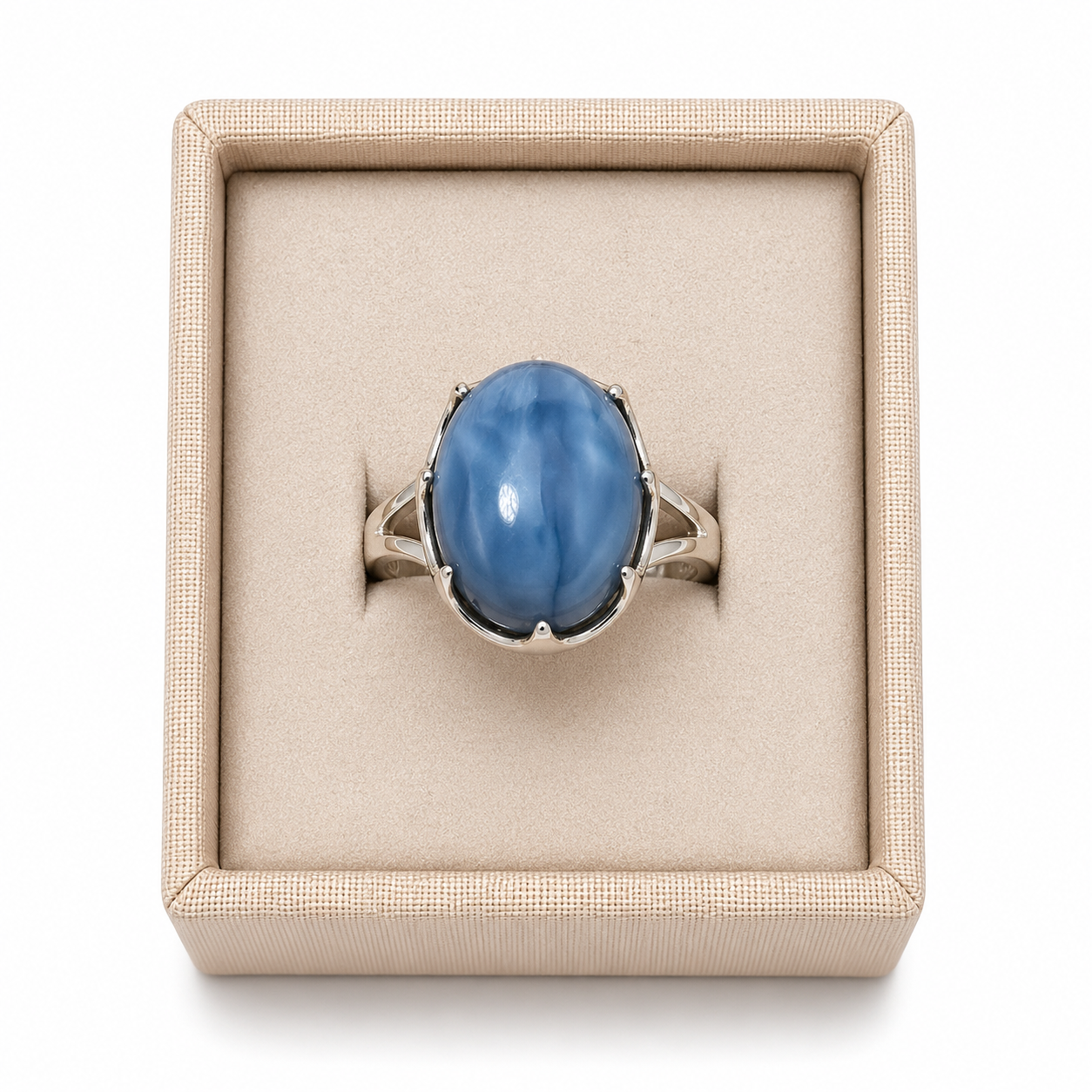 Sterling Silver Peruvian Blue Opal Ring displayed in a box on a white background. - Clover's Charm