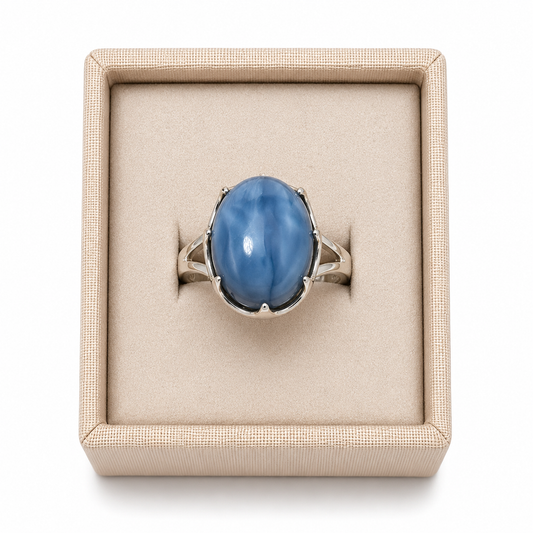 Sterling Silver Peruvian Blue Opal Ring displayed in a box on a white background. - Clover's Charm