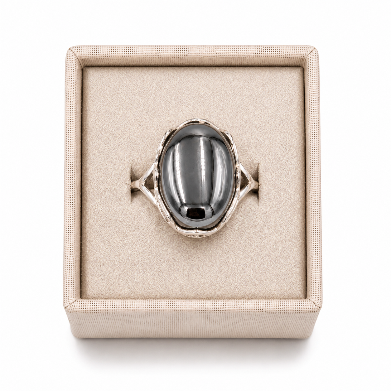 A sterling silver cross banded Terahertz ring in a decorative box on a white background -Clover's Charm.