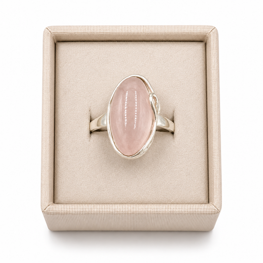 Sterling Silver Flow Banded Oval Rose Quartz in a decorative box on a white background -Clover's Charm.