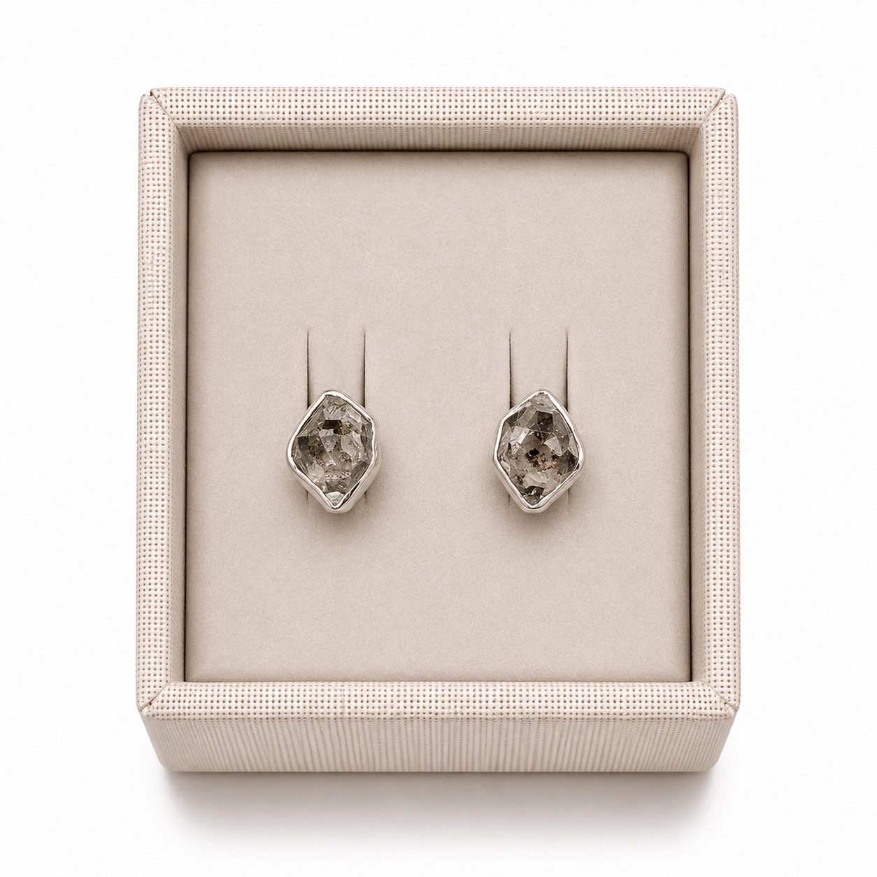 Sterling Silver Herkimer Diamond Post Earrings in a decorative box on a white background -Clover's Charm.