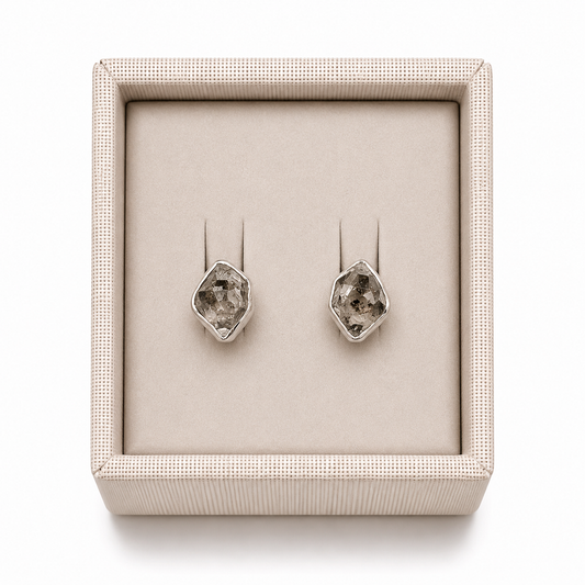 Sterling Silver Herkimer Diamond Post Earrings in a decorative box on a white background -Clover's Charm.
