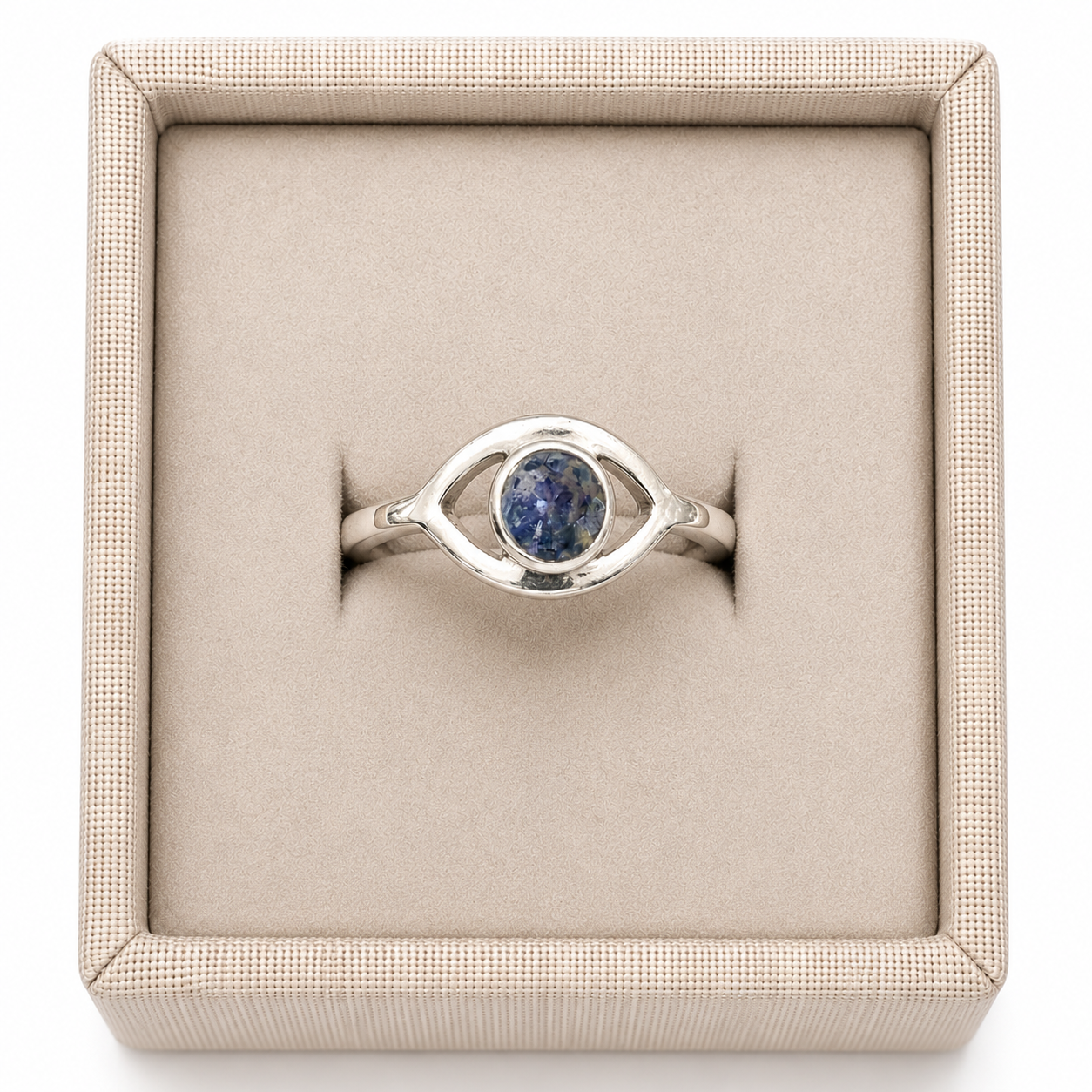 Sterling silver third eye stylized ring in display box on a white background. - Clover's Charm