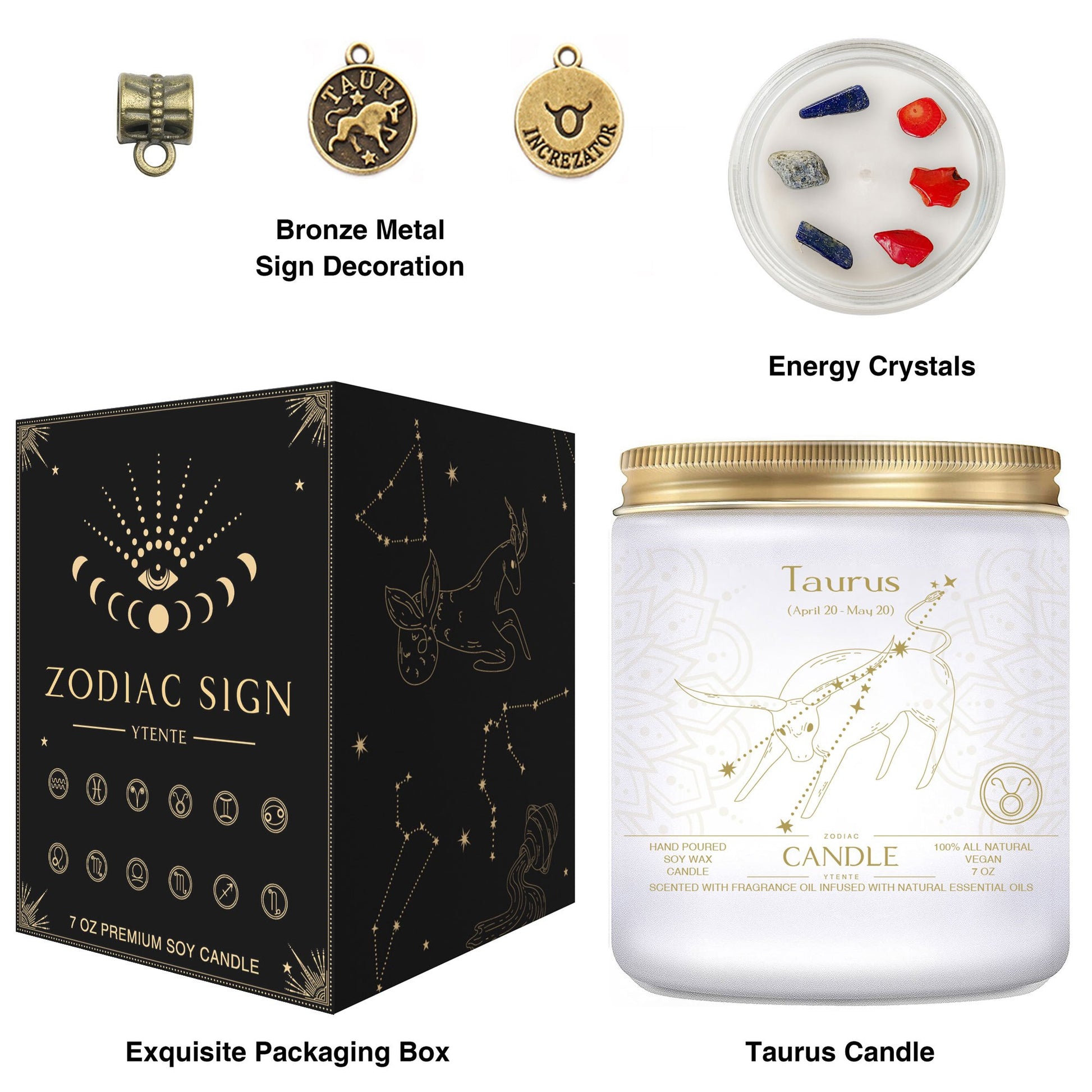 Seven ounce Taurus zodiac candle in glass jar with gold lid and illustrated astrology label shown beside matching decorative gift box