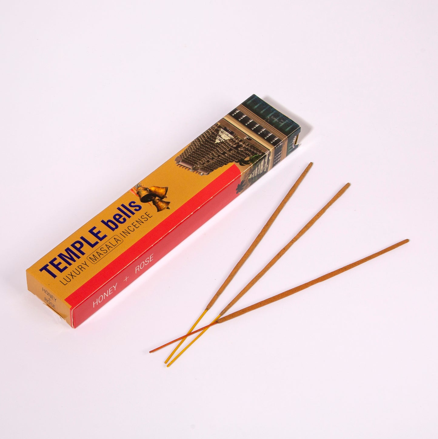 temple bells incense box and incense displayed on a white background. - Clover's Charm