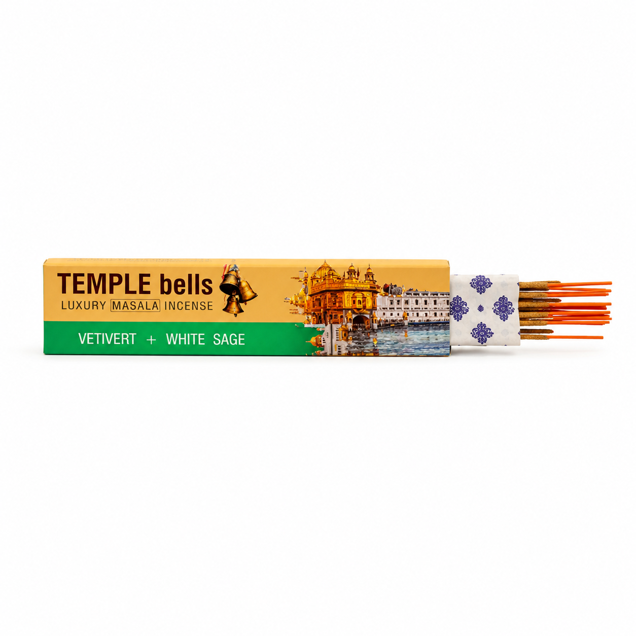 Package of Temple Bells luxury masala vetivert and white sage incense with temple and bell illustration on a white background -Clover's Charm