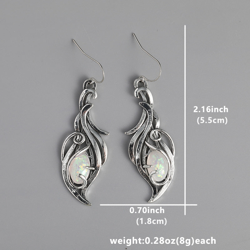 Vintage-Inspired Silver-Plated Oval Opal Fire Dangle Earrings and size measurements shown
