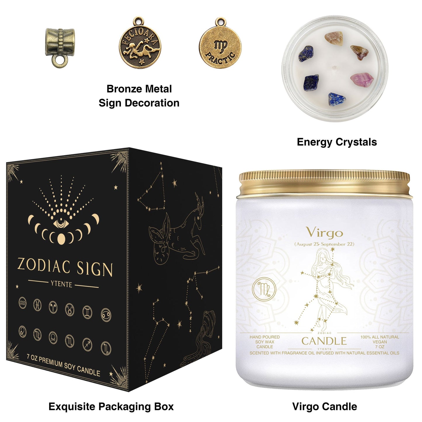 Seven ounce Virgo zodiac candle in glass jar with gold lid and illustrated astrology label shown beside matching decorative gift box