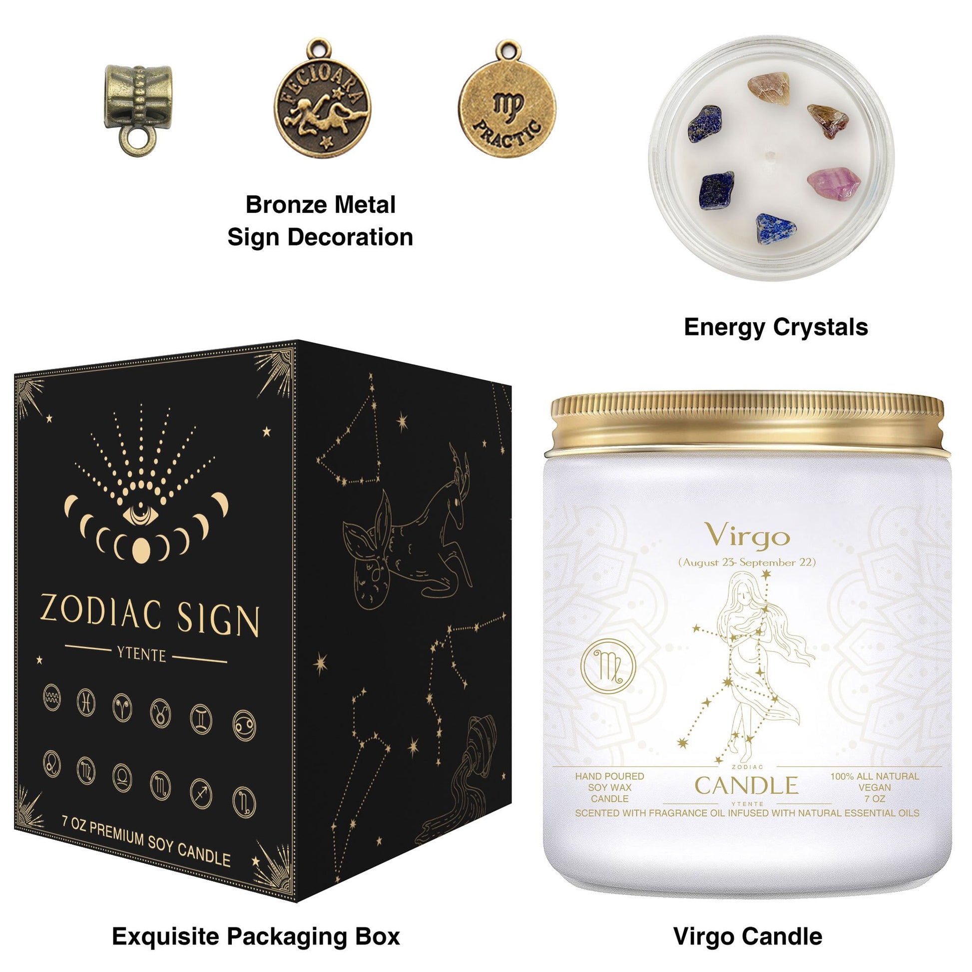 Seven ounce Virgo zodiac candle in glass jar with gold lid and illustrated astrology label shown beside matching decorative gift box