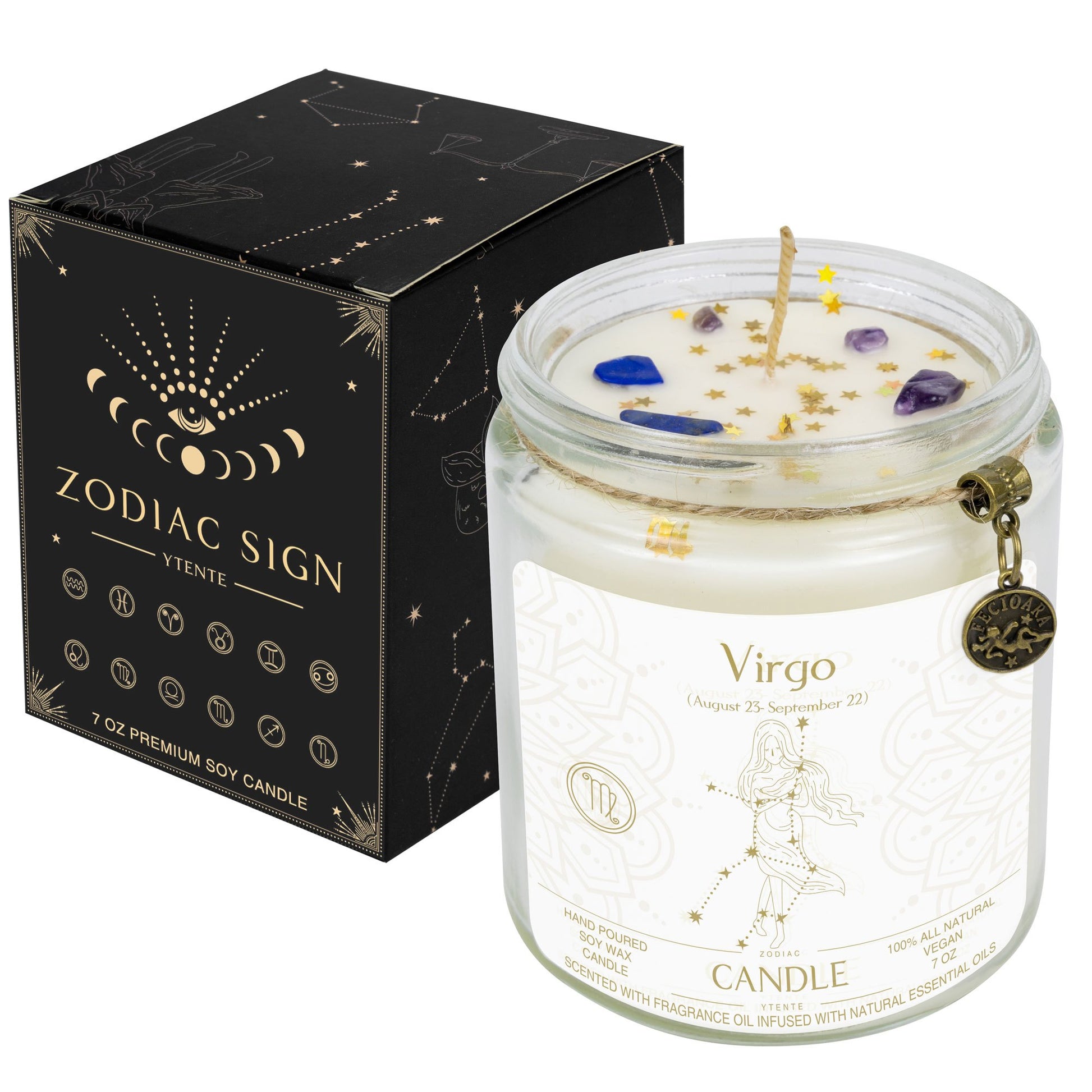 Lit Virgo zodiac candle in clear glass jar with lavender sprigs visible wax crystals and printed astrology design with size dimensions shown