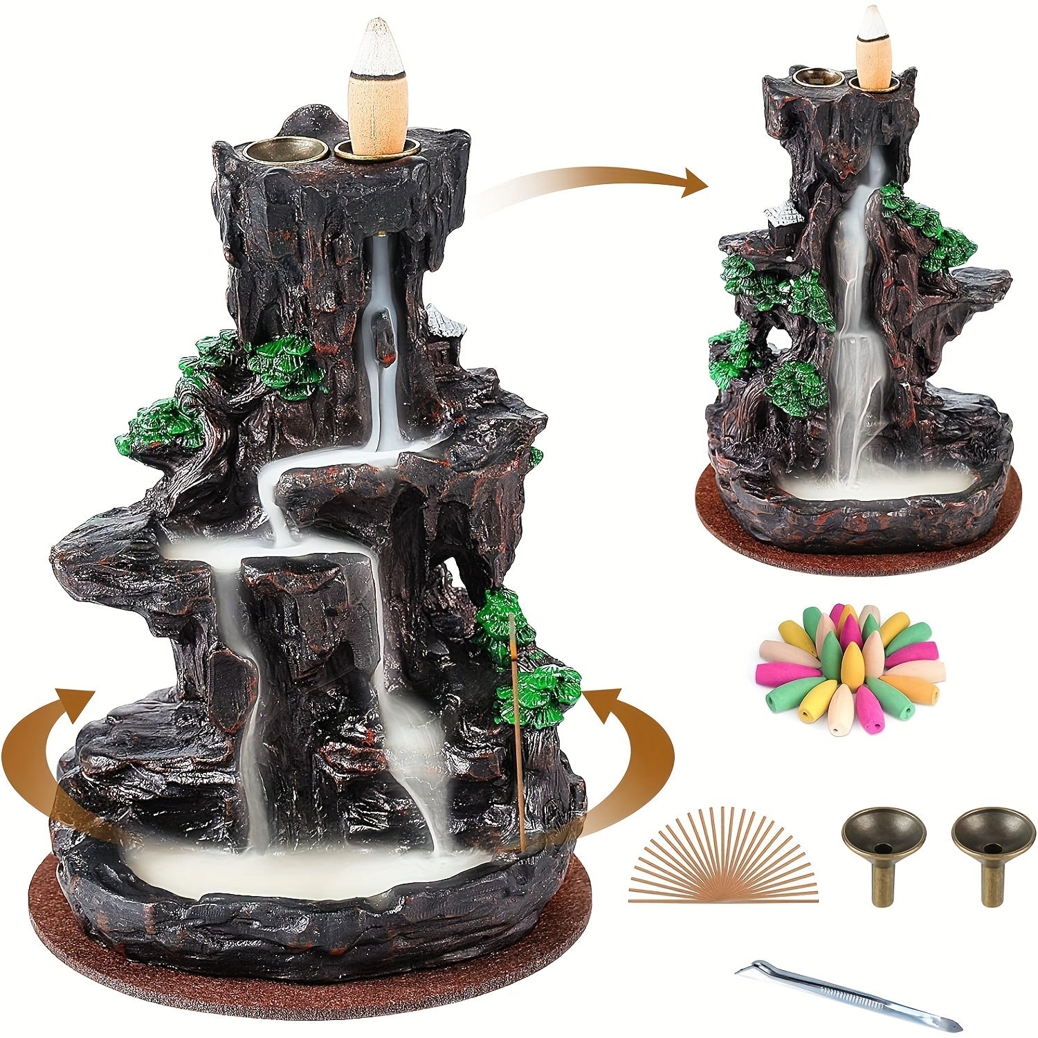 Two-sided mountain tower incense burner shown from front and back with cones, incense sticks, twizzers on a white background.