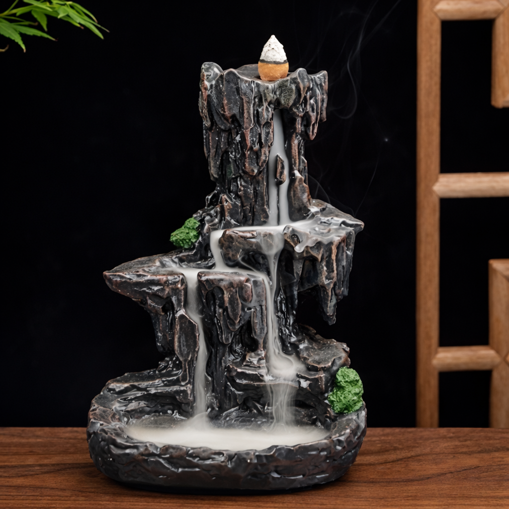 Smoke filled Waterfall incense burner mountain tower decor with layered stone brown design displayed on tabletop.
