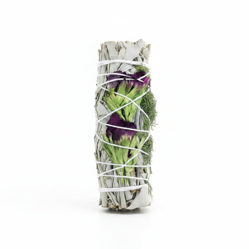 Bundled sage with flowers on a white background