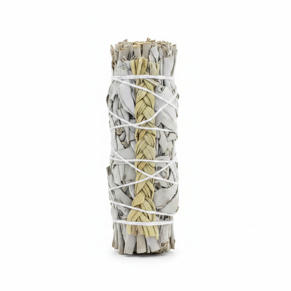 A Single white sage and sweet grass bundles on a white background - Clover's Charm