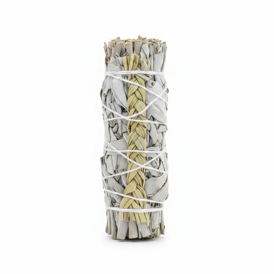 A Single white sage and sweet grass bundles on a white background - Clover's Charm