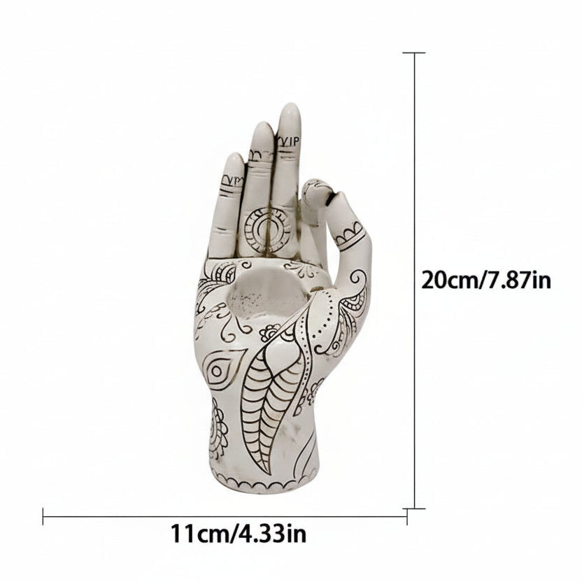 White Zen inspired Buddha hand resin incense holder shown with measurement lines indicating height and width.