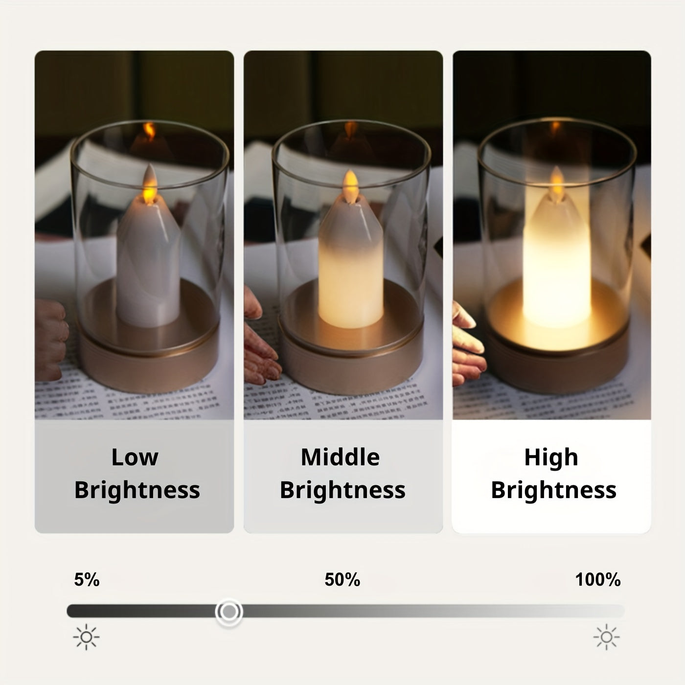 Glass candle lamp shown at low, medium, and high brightness levels demonstrating adjustable light intensity for ambient home decor lighting