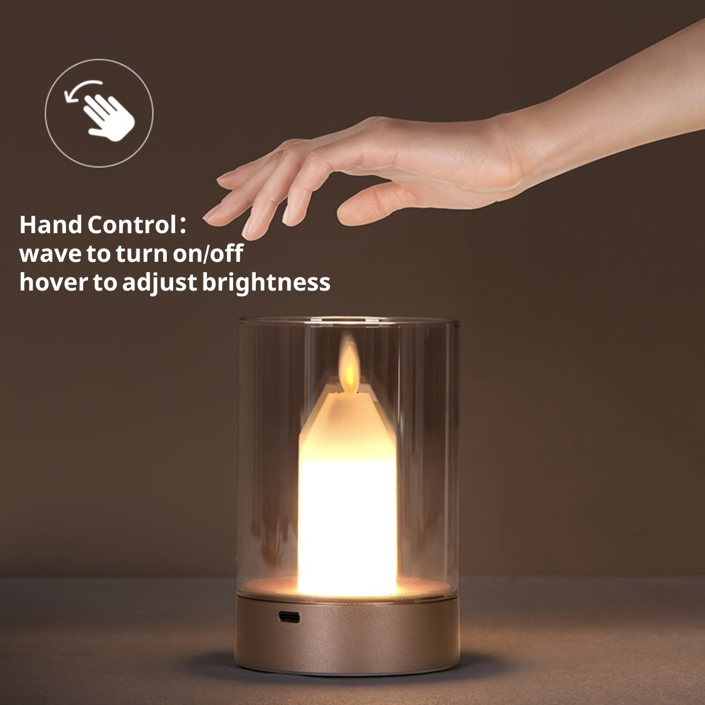 Touchless candle lamp with hand gesture control shown turning on and adjusting brightness above a glass enclosed candle light for modern home decor