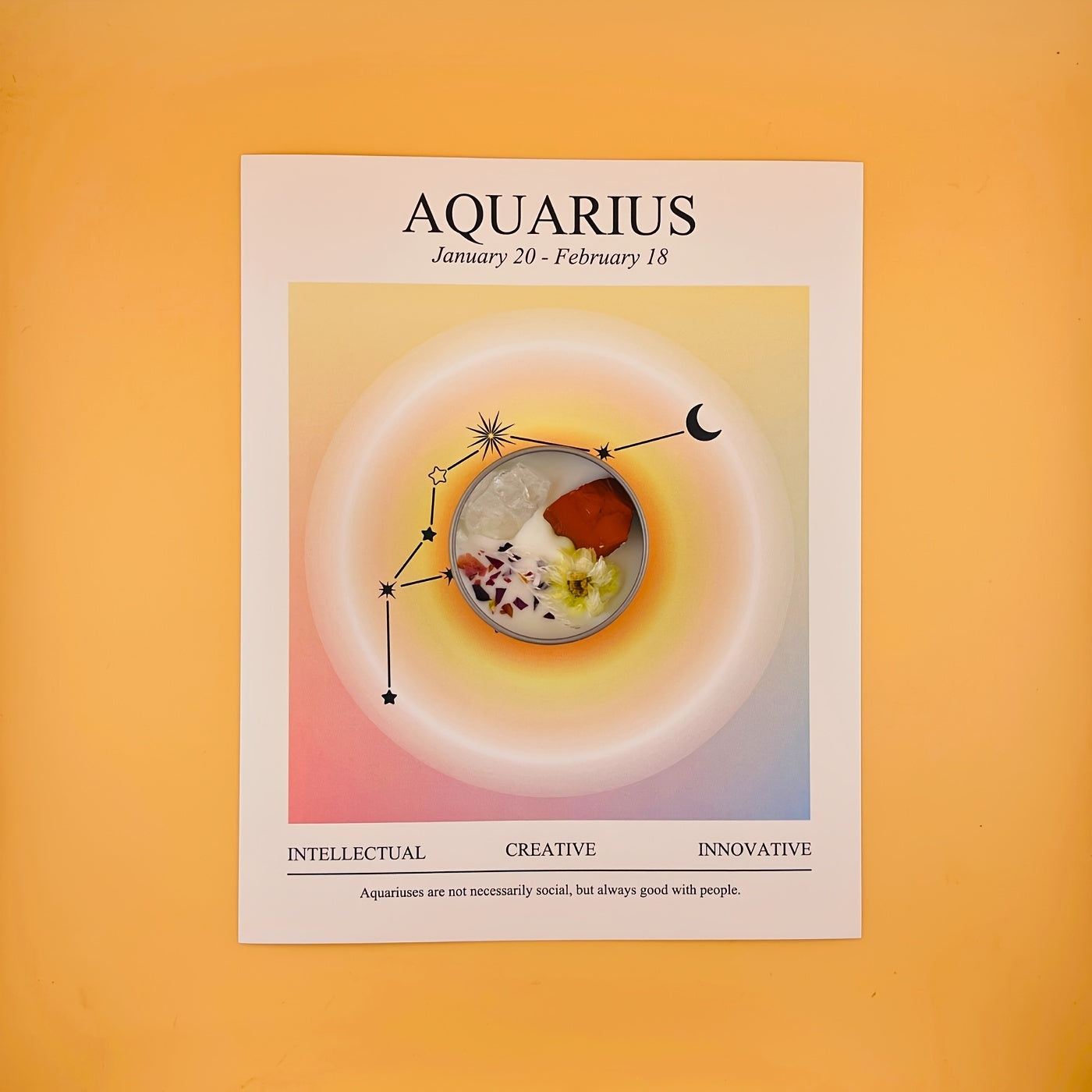 Aquarius zodiac sign poster with astrological symbols on a yellow background