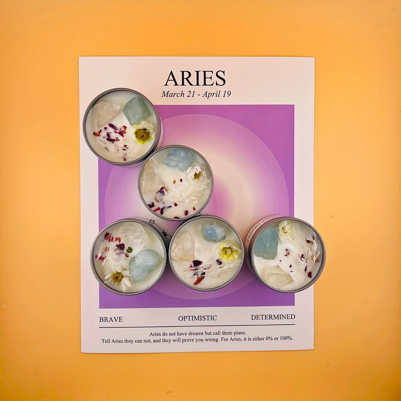 Five small candles in tins with decorative elements on a 'ARIES' themed card against an orange background.