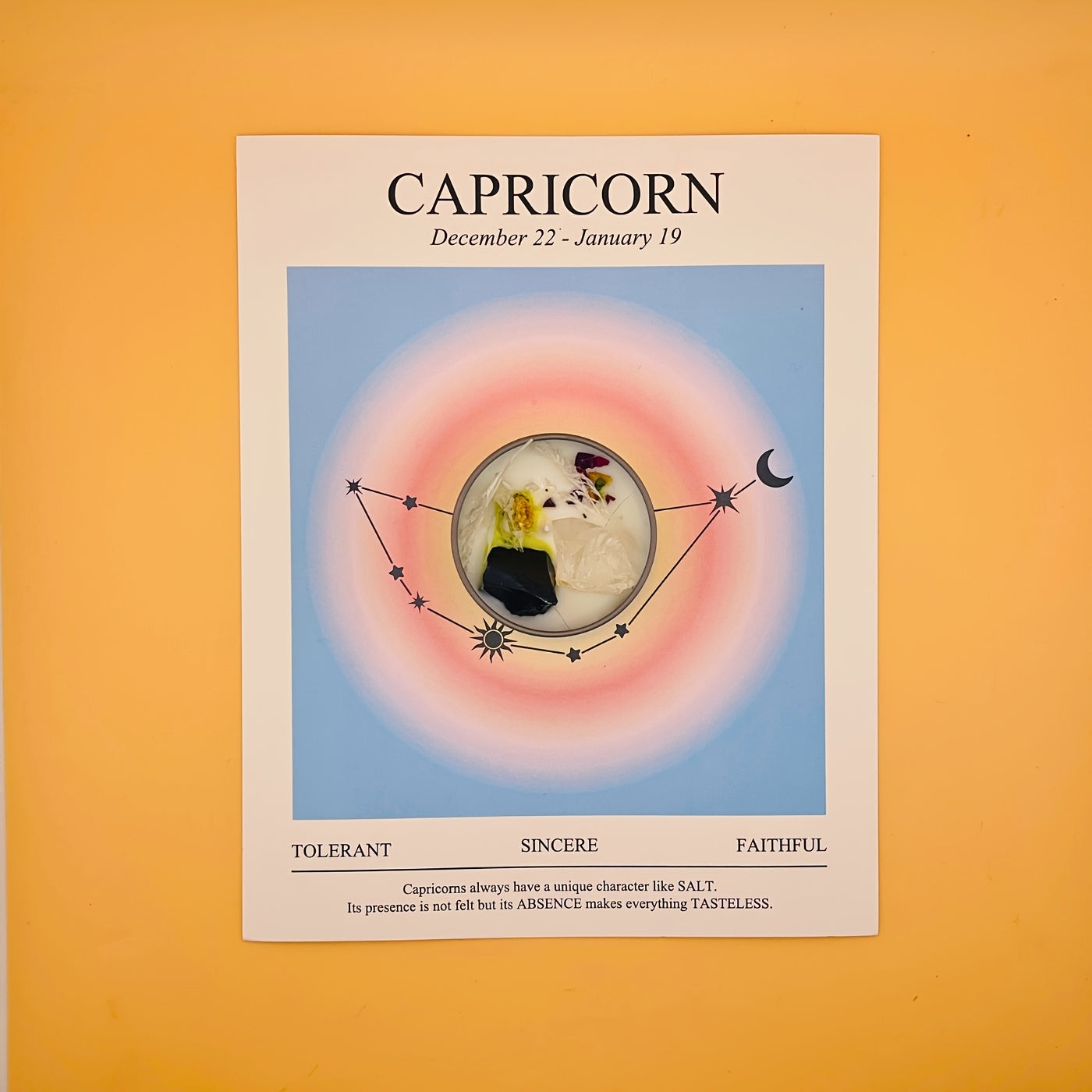 Capricorn zodiac sign illustration with constellation on a yellow background