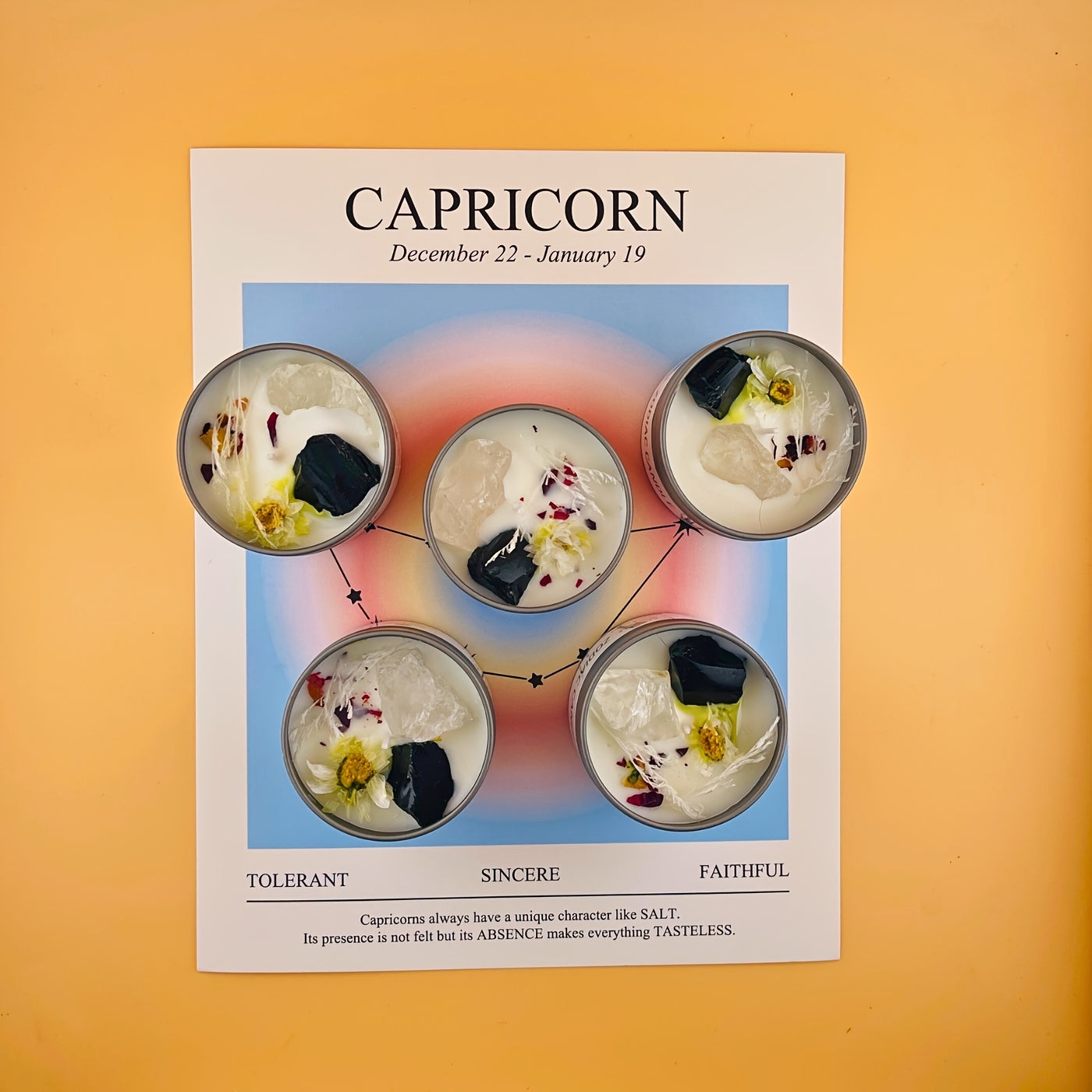 Capricorn zodiac sign with five circular elements on a gradient background