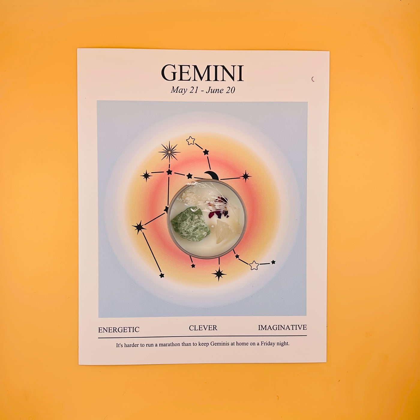 Gemini zodiac poster with astrological design on a yellow background