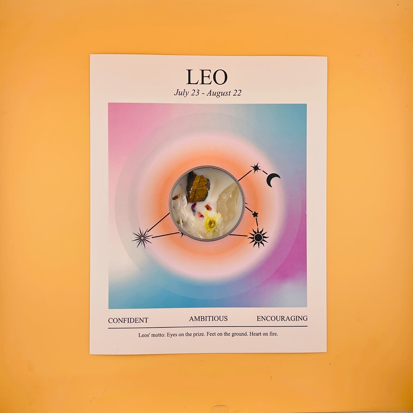 Leo zodiac sign poster with astrological elements on a yellow background