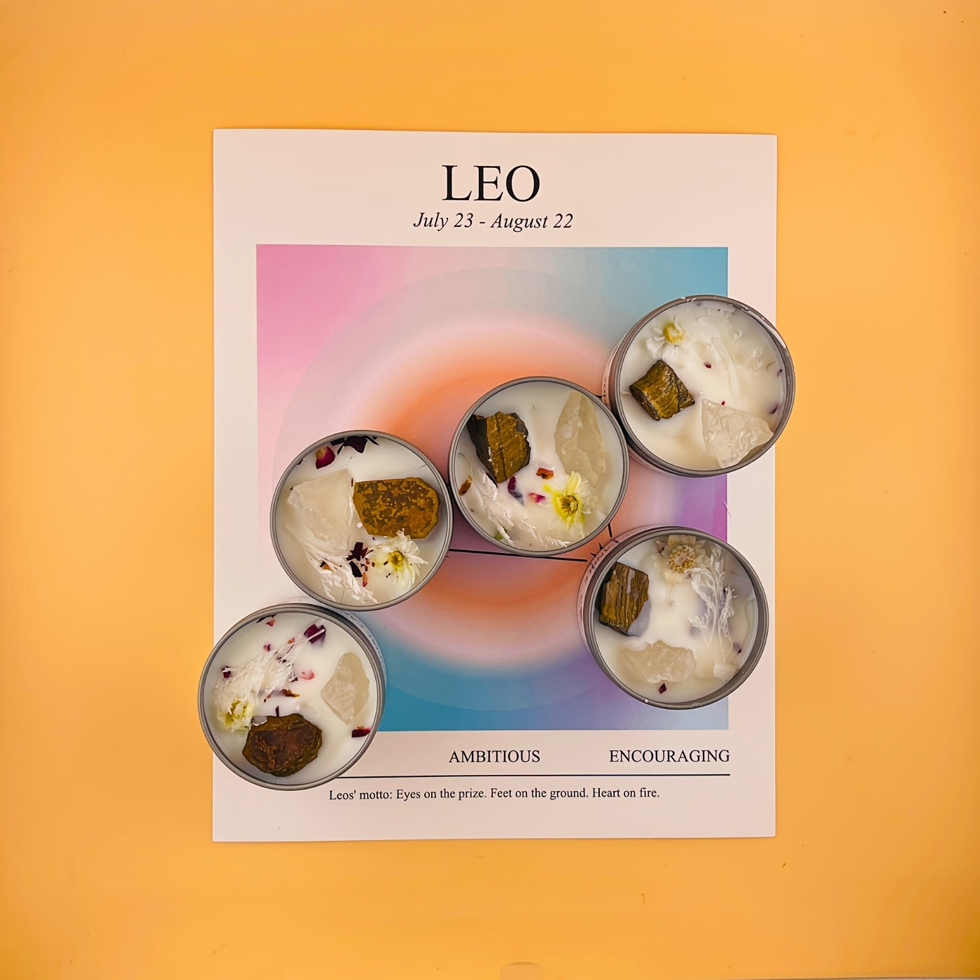Leo zodiac sign with astrological information and decorative elements on a colorful background